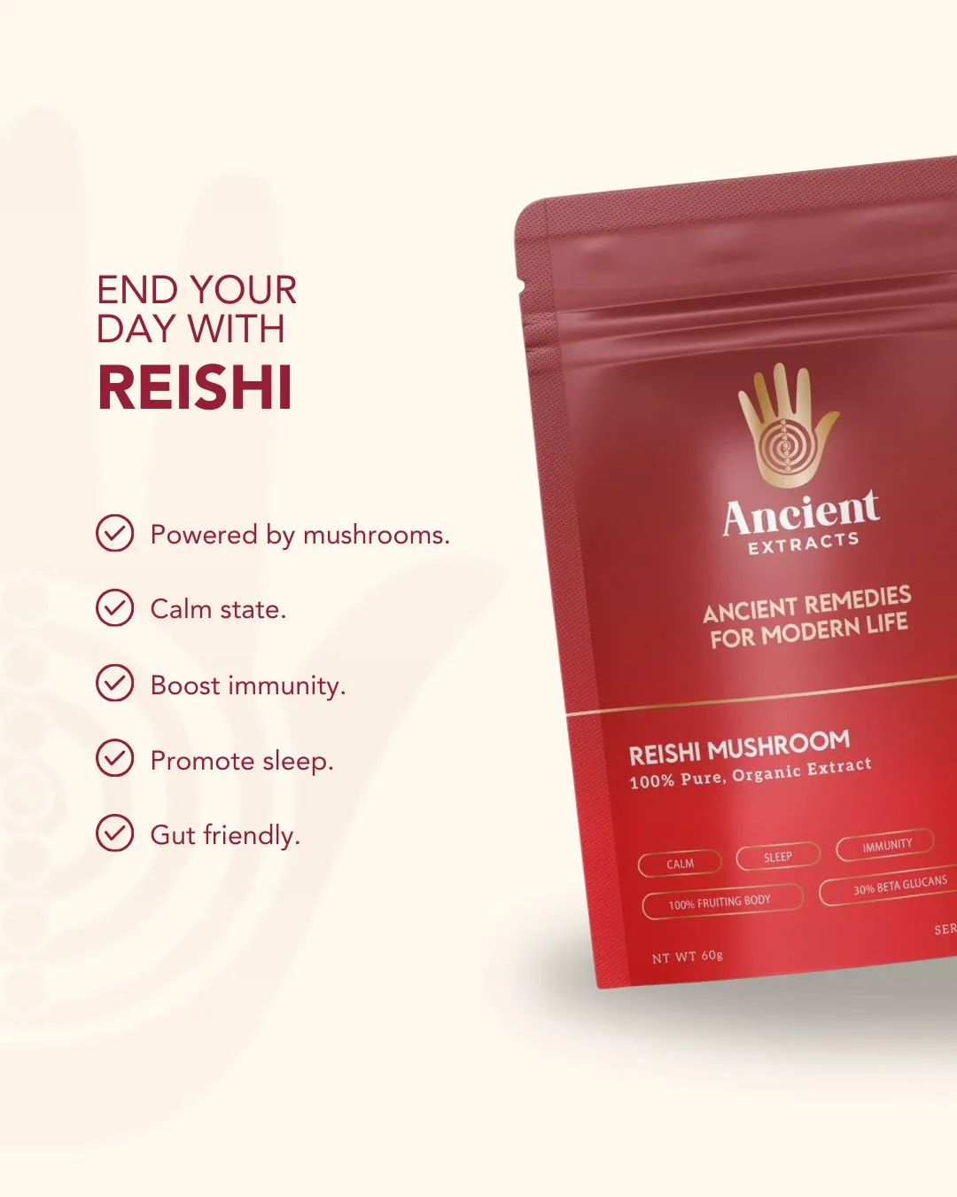 Ancient Extracts Organic Reishi Mushroom Powder 30% Beta Glucan 60g