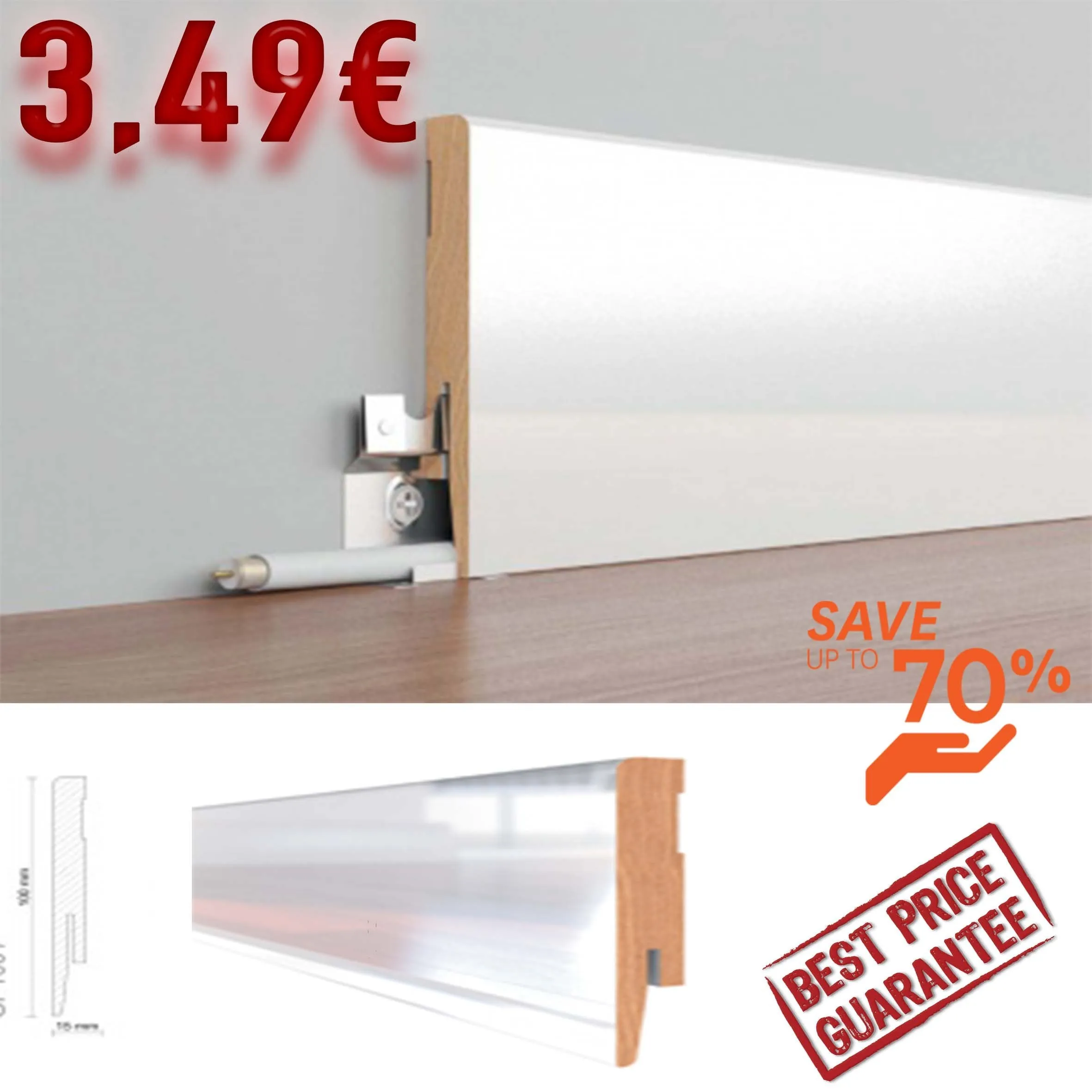 BATTISCOPA in MDF BIANCO LUCIDO SHINY GLOSS Zoccolino 80X15 (prezzo al metro lineare)