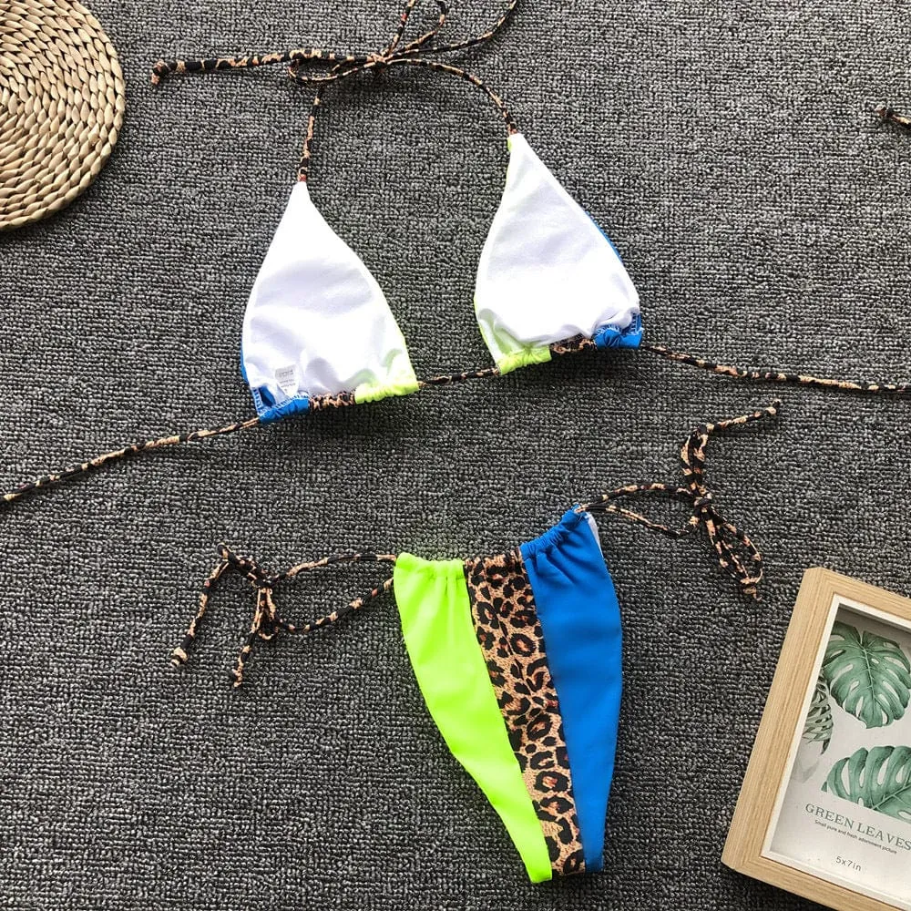 Custom Name Leopard Color Splicing Triangle Bikini Sets DIY Crystal Letters Bikini Beach Body Jewelry(Custom 1-10 Letters)