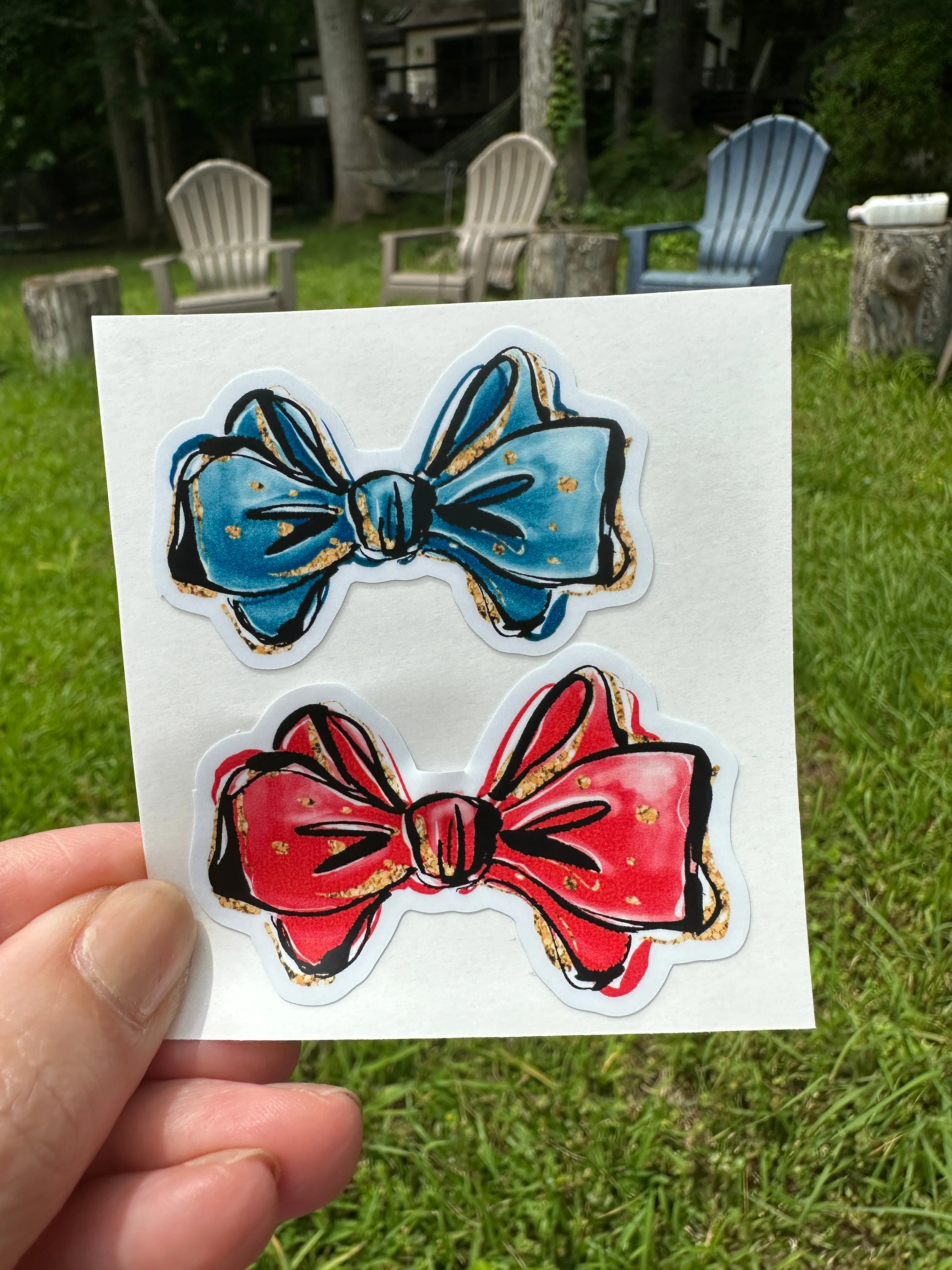 Sticker | Nautical F | Blue and Red Bows | Waterproof Vinyl Sticker | White | Clear | Permanent | Removable | Window Cling | Glitter | Holographic