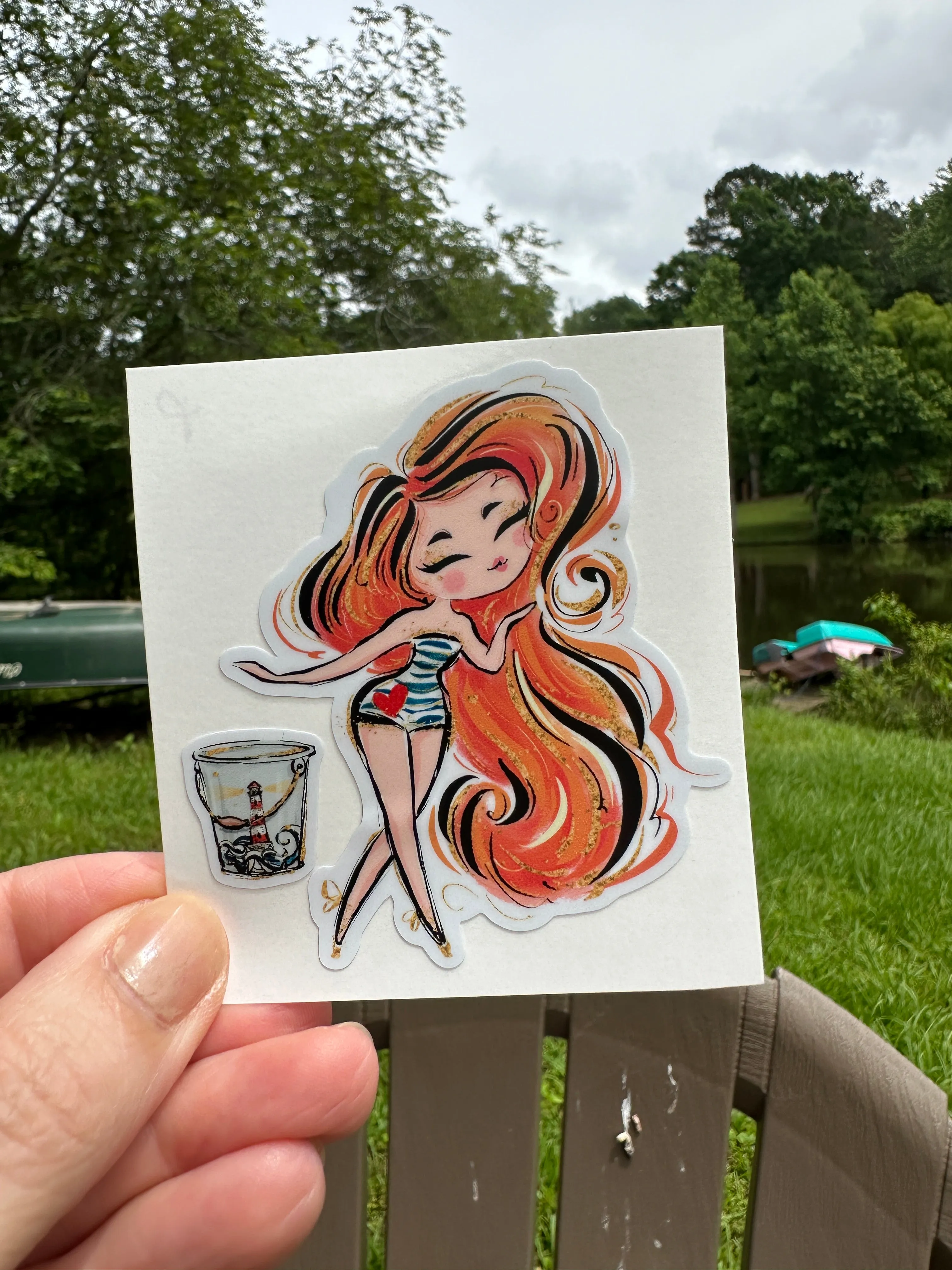 Sticker | Nautical P | Girl with Red Hair | Waterproof Vinyl Sticker | White | Clear | Permanent | Removable | Window Cling | Glitter | Holographic